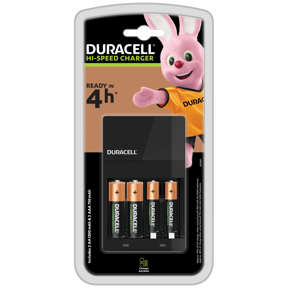 Le chargeur haute vitesse Duracell comprend 2 emplacements pour piles AA 1300mAh et deux pour les piles AAA 750mAh