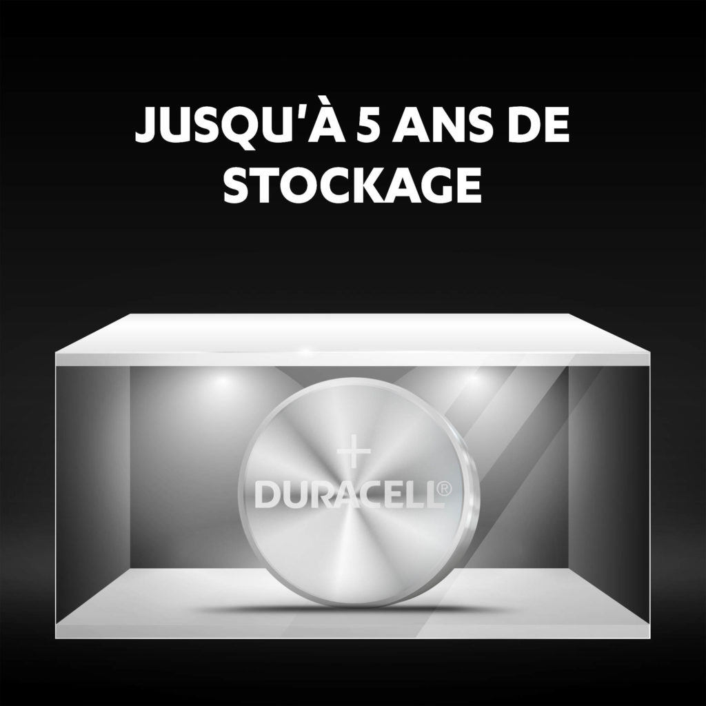 Les piles boutons alcalines LR43 de Duracell restent fraîches et alimentées jusqu'à 5 ans en stockage ambiant