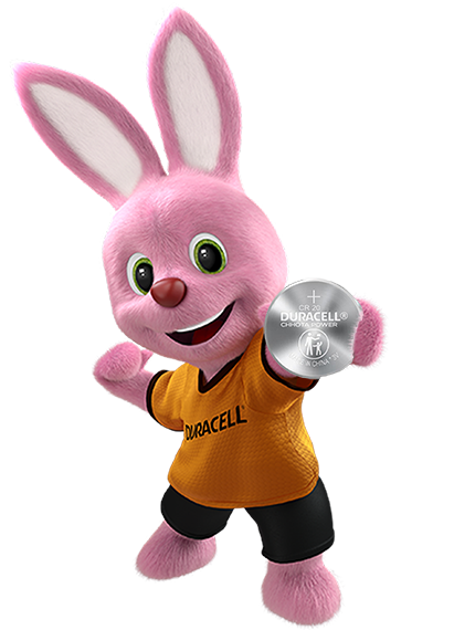 Le lapin Duracell rose présente une pile lithium bouton 2032